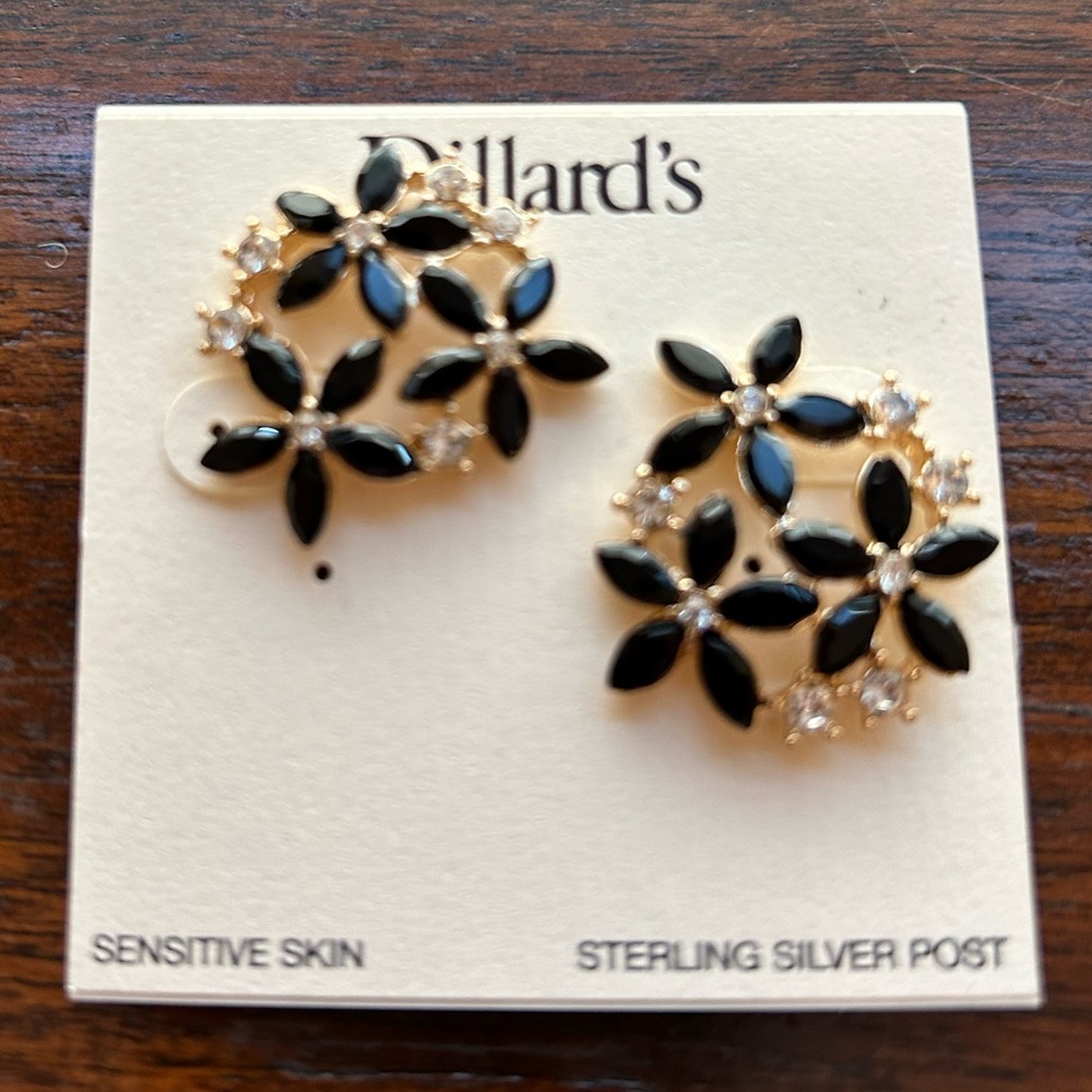 Dillards Black and Gold Floral Earrings with Sterling Silver Posts New on Card